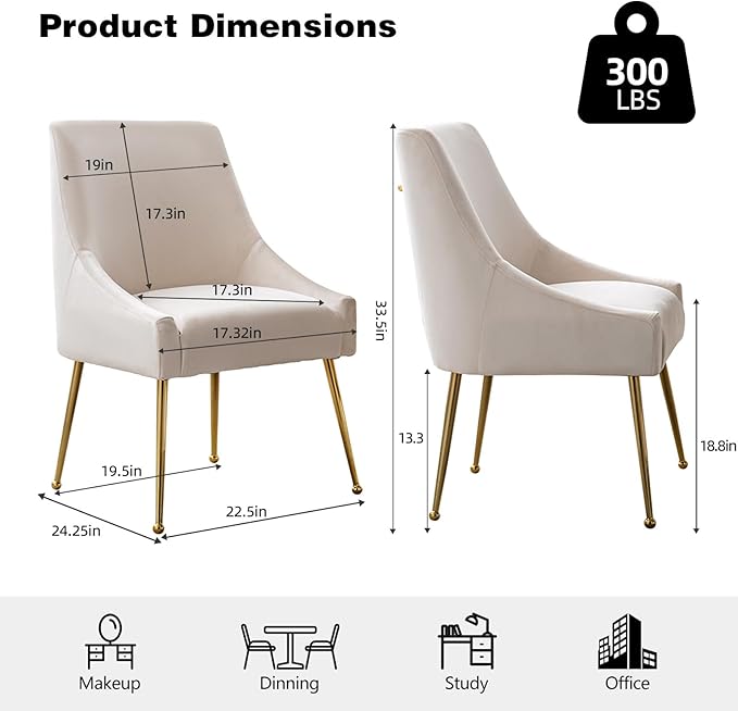 Velvet Dining Chairs Set of 2, Upholstered Dining Chairs with Polished Gold Metal Legs,Farmhouse Kitchen Side Chairs, Vanity Chairs, Accent Chair for Kitchen,Restaurant/Cafe(Beige)