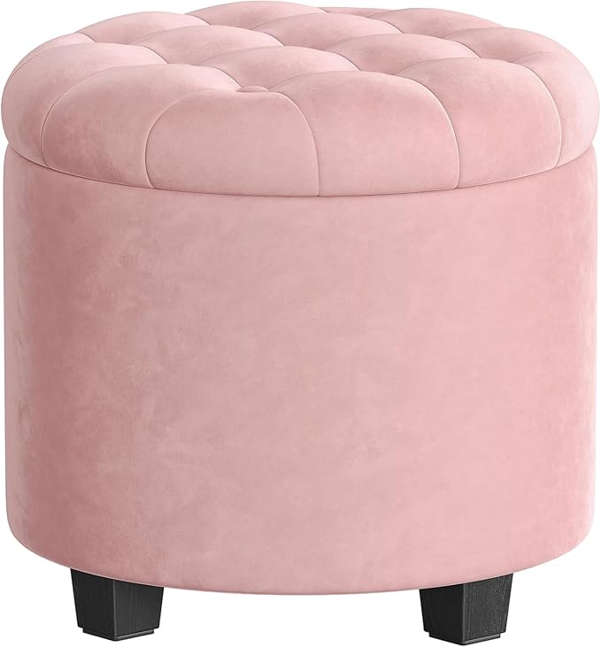 SONGMICS Round Ottoman, Ottoman with Storage, 17.7 x 17.7 x 17.5 Inches, Foot Rest with Legs, Velvet, Load up to 330 lb, for Living Room, Bedroom, Jelly Pink ULOM012R01