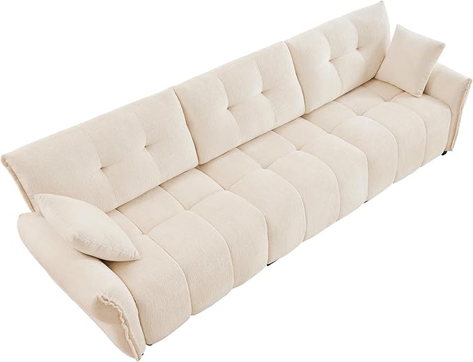 Modern Chenille Fabric 3-Seat Sofa w/ 2 Pillows, Premium Upholstery Living Room Couch with Tufted Backrest & Comfortable Armrests and High-Resilience Memory Foam Cushions,White
