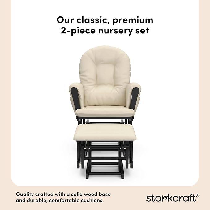 Storkcraft Premium Hoop Glider & Ottoman (Black with Beige) — GREENGUARD Gold Certified, Solid Wood Craftsmanship, Convenient Storage Pockets, Smooth-Gliding Chair for Nursery, Multi-Award-Winning