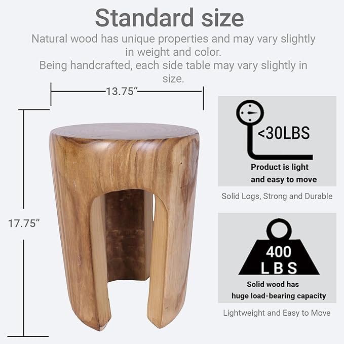 Athaliah Rustic Wood Side Table, 17.75”H Tree Stump End Table, Round Wooden Stool for Living Room, Bedroom, Garden, Patio, Lawn, Home Decor