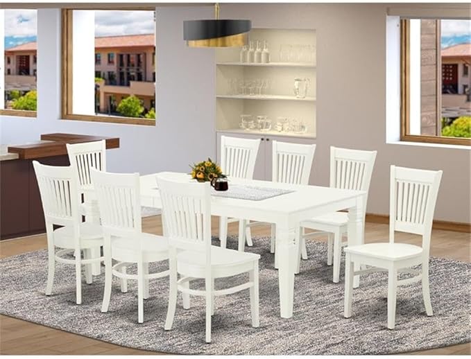 East West Furniture LGVA9-LWH-W 9 Piece Dining Table Set Includes a Rectangle Dining Room Table with Butterfly Leaf and 8 Wood Seat Chairs, 42x84 Inch, Linen White