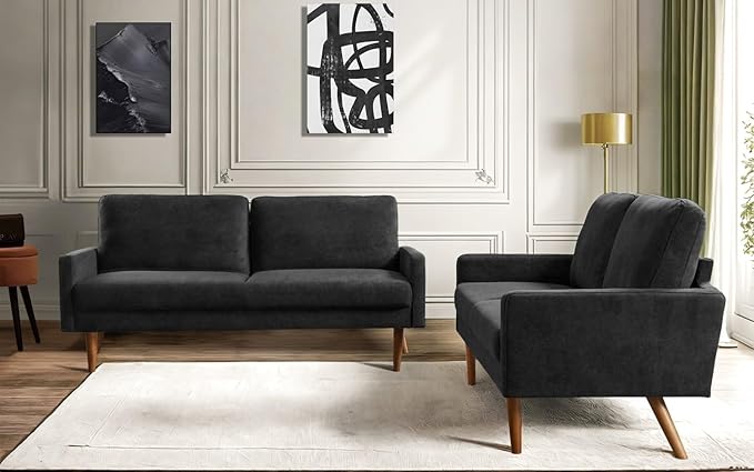 Kent 2 Piece Velvet Sofa and Loveseat Set, European Style with Modern & Vintage Flair, Upholstered 5 Seater Couch, Chic Living Room Furniture Seating for Home, Apartment or Office, Black