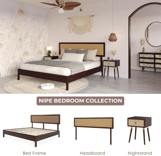 Bme Nipe Full 14 Inch Bohemian Bed Frame with Adjustable Wicker Headboard - Rustic & Vintage Unique Style with Acacia Wood - No Box Spring Needed - Easy Assembly - Walnut