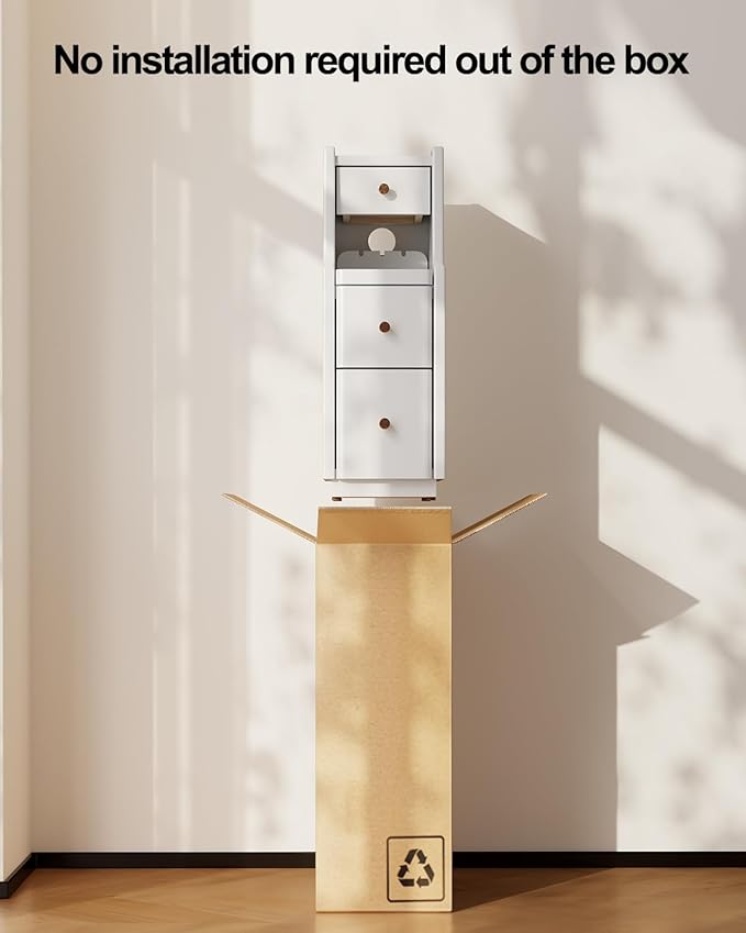 Narrow Nightstand with 3 Drawers,Solid Wood Small Nightstand White, Modern Small Bedside Tables for Bedroom(Fully Assembly)