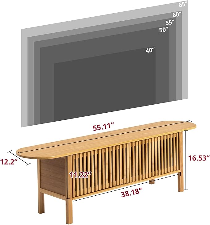 HollyHOME Bamboo TV Stand with Storage for TVs up to 65", Modern Entertainment Center with Fence Door, Accent TV Table with 2 Shelf, Media Console TV Stand for Living Room, Bedroom, Burlywood