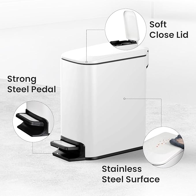 Cesun Small Bathroom Trash Can with Lid Soft Close, Step Pedal, 6 Liter / 1.6 Gallon Stainless Steel Slim Garbage Can for Bedroom, Diaper Waste Basket with Removable Inner Bucket (White)