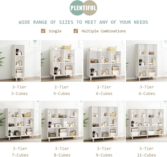 IOTXY Open Cube Low Bookcase - 3-Tier Freestanding Storage Display Cabinet Organizer with Legs for Home Office, 8-Cubes Open Shelf Short Bookshelf, White