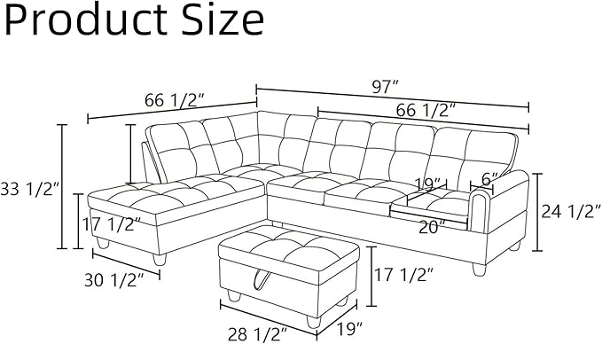 Convertible Sectional Couch, Large L Shaped Couch with Storage, Modern Modular 5-Seat Sectional Sofa with Ottomans for Living Room and Office, Black Grey
