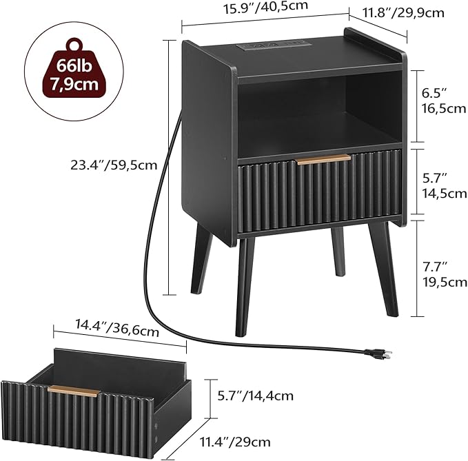 Fluted Nightstand, End Table, Small Modern Bedside Table with Charging Station, Side Table with Drawer, for Small Spaces, Bedroom, Living Room, Black ETBK61E01N1