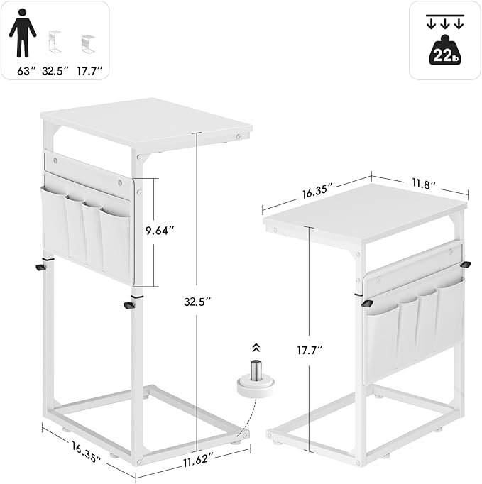 Vagusicc C Shaped End Table, Set of 2 Tall Side Table for Couch, Adjustable Height Small Couch Side Table for Small Spaces, End Table Slide Under Sofa Table TV Tray Arm Table for Living Room, White