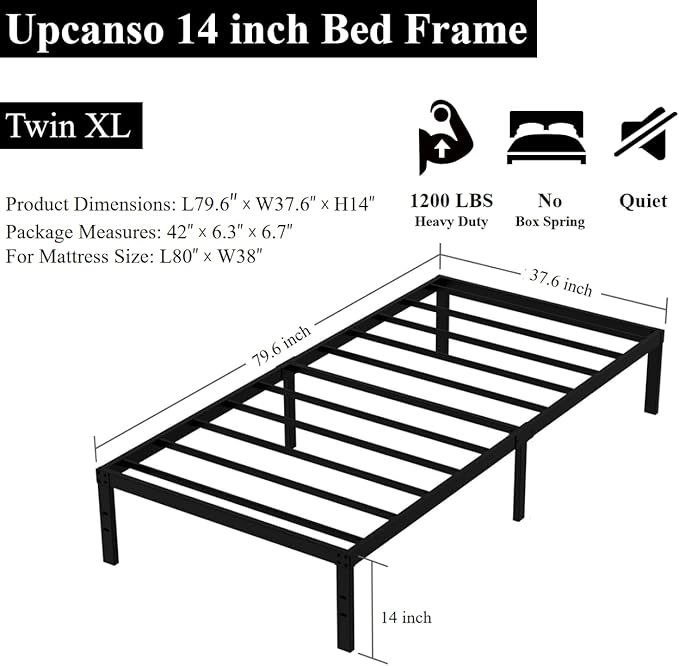 Twin XL Bed Frame No Box Spring Needed, 14 Inch Heavy Duty Metal Platform Bed Frame Twin XL Size with Storage, 2500lbs Steel Slats Support, Easy Assembly, Black