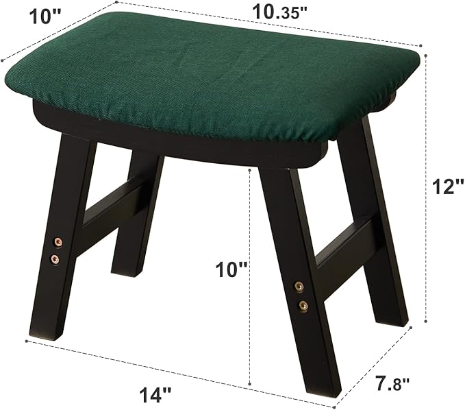 Foot Stool,Ottoman,Bamboo Small Sofa Foot Rest Under Desk,Extra Seating for Living Room, Bedroom and Kitchen (Black Stool Legs - Green Surface)