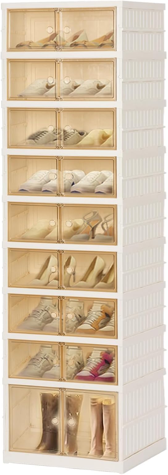 Foldable Shoe Organizer Storage Box, Portable Extra Large Folding Shoe Rack for Closet, Shoe Storage Box with Magnetic Transparent Door and Wheels, 9 Layers 18 Grids with 2 Big Grids