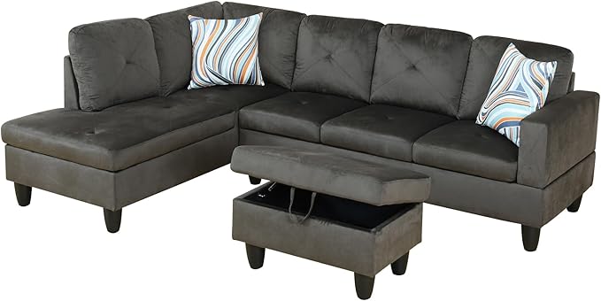 L Shaped Couch Modern Sectional Couch Upholstered Flannel Fabric 3 Pieces Sofas for Living Room with Chaise, Storage Ottoman for Office and Small Apartment, Grey