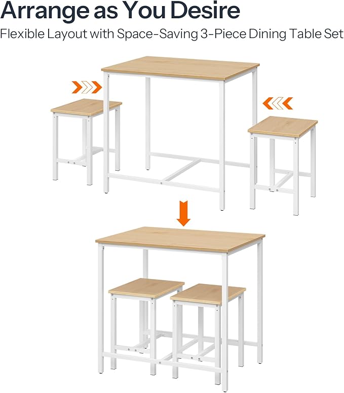 HOOBRO 3-Piece Industrial Dining Table Set, Kitchen Table, Space Saving Dinette for Kitchen, Dining Room, Small Space, Breakfast Nook, Living Room, Party, Natural and White WN75CZ01G1