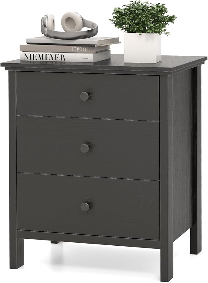 KOMFOTT 3 Drawers Nightstand, Wooden Bedside Table, Modern Sofa Side End Table, Space-Saving Telephone Table, Chest of Drawers for Living Room, Bedroom & Office (1, Black)