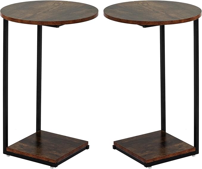 HDANI C Table End Table Set of 2,Round Side Table That Slide Under,C Shaped End Table for Couch,Small Table for Living Room,Bedroom,Rustic Brown