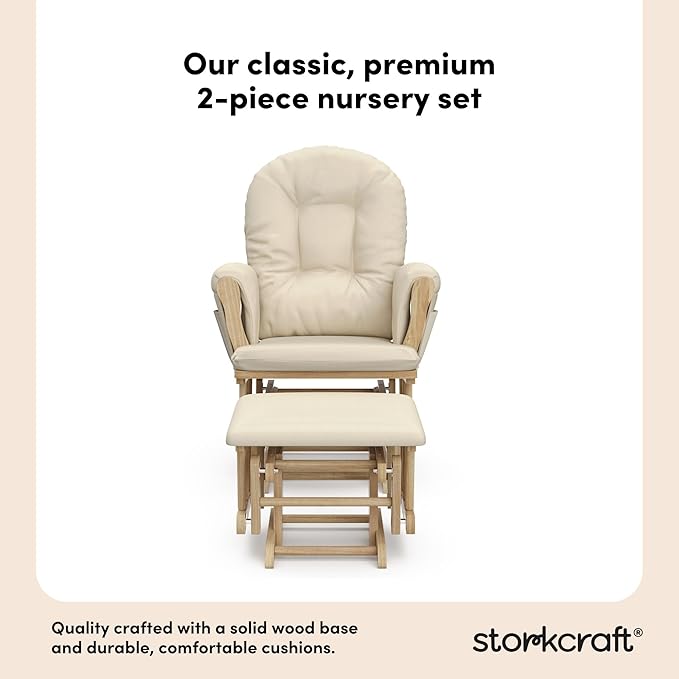 Storkcraft Premium Hoop Glider & Ottoman (Natural/Beige) — GREENGUARD Gold Certified Nursery Glider, Solid Wood Craftsmanship, Smooth-Gliding Nursery Chair and Ottoman, Award-Winning