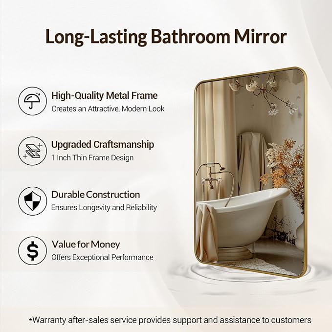 ANDY STAR 24x36 Rectangle Bathroom Mirror, Brushed Gold Stainless Steel Metal Frame Bathroom Mirror for Over Sink, Modern Rounded Corner Brass Vanity Wall Mirror, Hangs Horizontally or Vertically