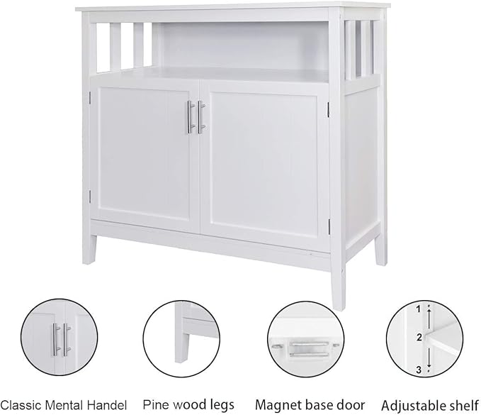 RASOO Buffet Cabinet White Kitchen Sideboard Buffet Storage Server Cupboard Cabinet Console Table with 2 Doors and Adjustable Shelf
