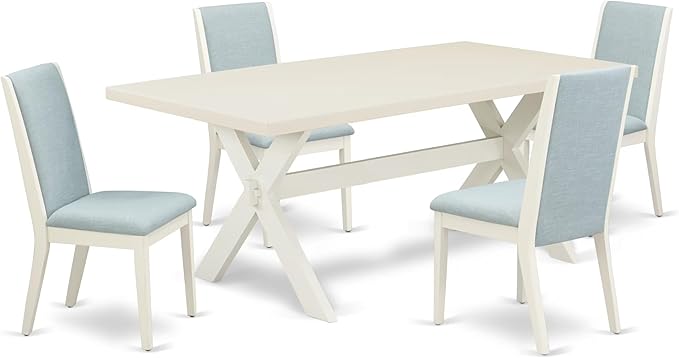 East West Furniture X027LA015-5 5 Piece Dining Room Furniture Set Includes a Rectangle Dining Table with X-Legs and 4 Baby Blue Linen Fabric Upholstered Chairs, 40x72 Inch, Multi-Color