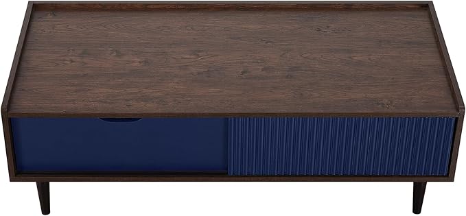 Manhattan Comfort Duane Mid Century Modern Coffee Table with Drawer & Cubby Shelf, Living Room Furniture with Ribbed Flat Design, Wood Grain Laminate Finish & Durable Iron Metal Feet, Navy Blue