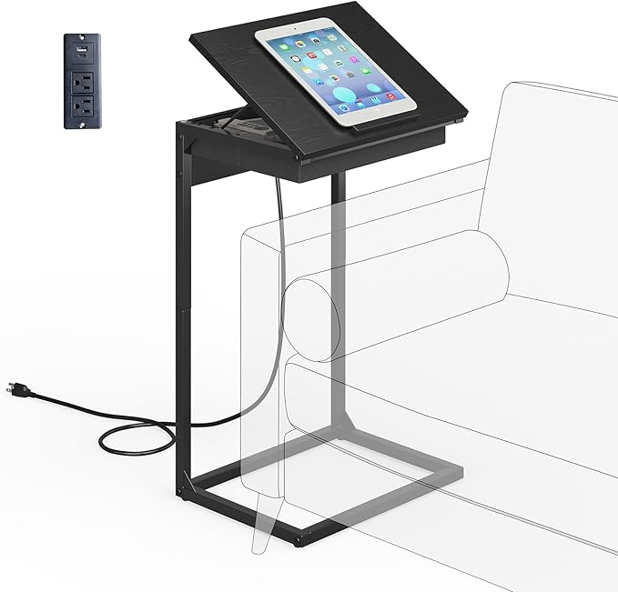 C Shaped End Table with Charging Station, 45° Tiltable Adjustable Flip Top Side Table with Storage,Small C Table for Small Spaces,Slide Under Couch Sofa Bedside Table for Living Room, Black