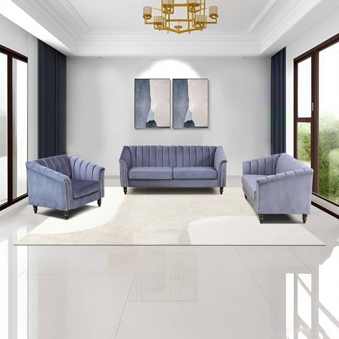 60" Loveseat Sofa, Microfiber Chesterfield Upholstered Sofas Love Seat, Couch Chair Sets with Style Button Tufted, Scroll Arms and Nailhead for Living Room, Office, Grey