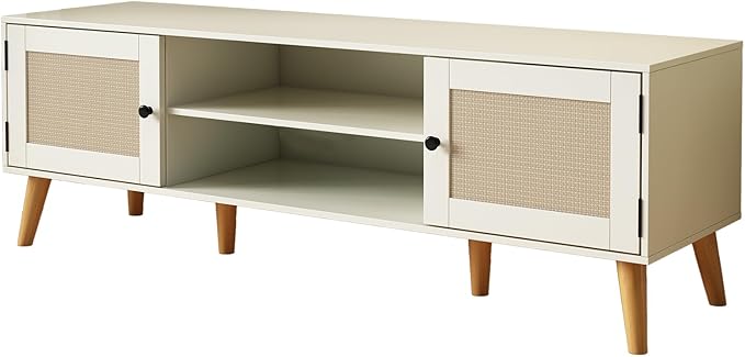 TV Stand for TVs up to 65 inches, Rattan Grain Finish Panel with 2 Storage cabinets, Modern Minimalist Style, Living Room, Audio-Visual Room for Multiple Rooms,3 Colors Available (White)