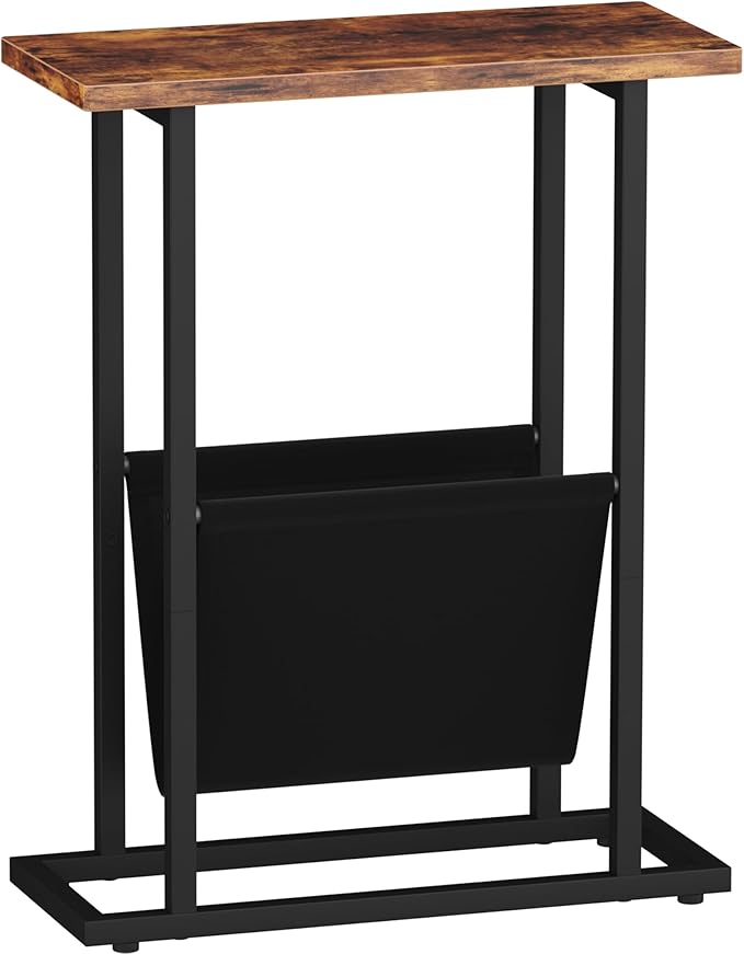 Narrow Side Table for Small Spaces, Small End Table with Magazine Holder, Skinny Slim Little Thin Table for Living Room, Bedroom, Sofa, Rustic Brown