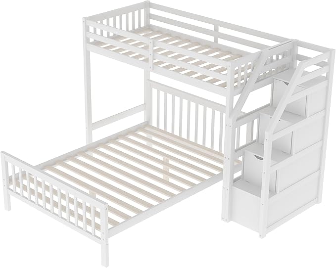 Twin Over Full Wood Loft Bed with Staircase,High Guardrails and Ladder-Handrails,Ladder W/ 3 Storage Grids,Bedroom Furniture for Children,Teens,Adults,White
