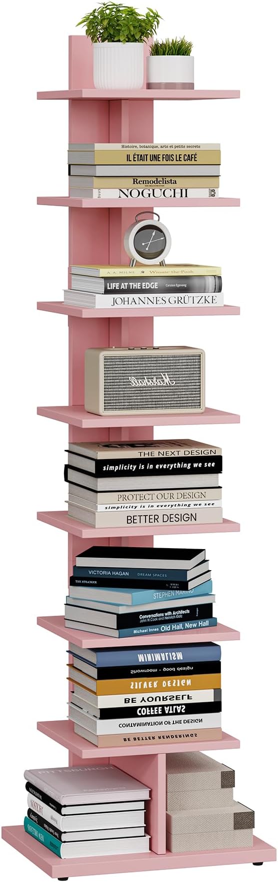 TUTOTAK Bookshelf, 8-Tier Bookcase, Narrow Spine Book Shelf for Small Space, Corner Standing Shelf for Living Room, Office, Study, Entryway, Pink BS06BP008