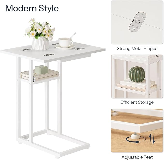 HOOBRO Foldable End Table, C Shaped Side Table with Storage Shelf, Small Snack Table Suitable for Living Room Bedroom Small Spaces, Easy Assembly, White WW29SF01