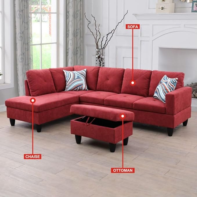 Red L-Shaped 3-Piece Flannelette Sofa with Storage Ottoman Set, Sectional Couch Sofa Set for Living Room, Office, Small Space