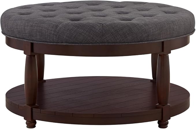 24KF Upholstered Round Coffee Table with Wooden Shelf, Tufted Button Large Round Ottoman with Spindle Wooden Legs, Linen Large Footrest Ottoman Pouf for Living Room, Dark Gray
