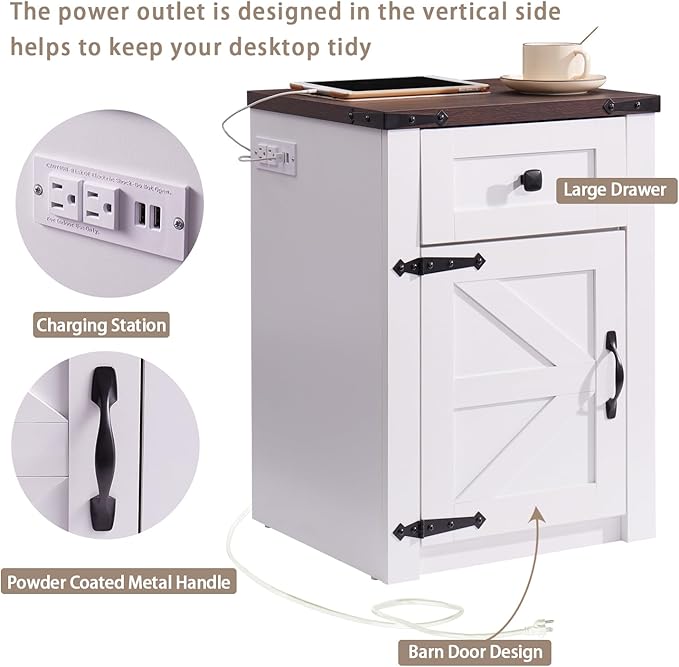 SOOWERY Nightstands Set of 2, Nightstand with Charging Station, Farmhouse End Table with Barn Door and Drawer, Rustic Wood Sofa Side Table for Bedroom, Living Room, White