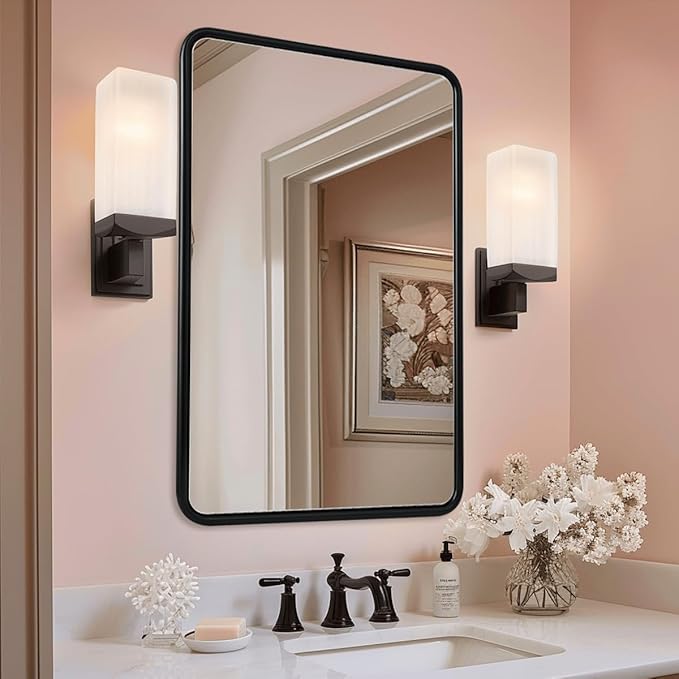 ANDY STAR Bathroom Mirror, 24x36 Inch Stainless Steel Metal Frame Black Rectangle Bathroom Mirror for Over Sink, Modern Rounded Corner Black Vanity Mirrors for Wall, Hangs Horizontally or Vertically
