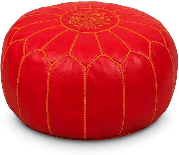 Stuffed Round Design Moroccan Leather Pouf Ottoman, Handmade, Pre-Filled, 100% Genuine Leather, 13” Height x 20” Diameter, Footstool & Living Room Décor (Orange)