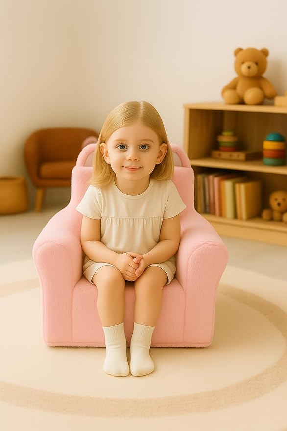 Cute Animal Toddler Foam Chair, Soft Faux Rabbit Fur, Comfy Toddler Lounge Chair and Couch with Arms, Removable Washable Cover, Kids Reading, Relaxing, for Playroom, Bedroom, Ages 1-3, Pink Cat