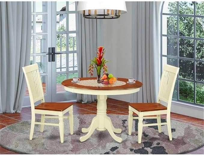 East West Furniture HLWE3-BMK-W 3 Piece Dinette Set for Small Spaces Contains a Round Dining Table with Pedestal and 2 Dining Chairs, 42x42 Inch, Buttermilk & Cherry