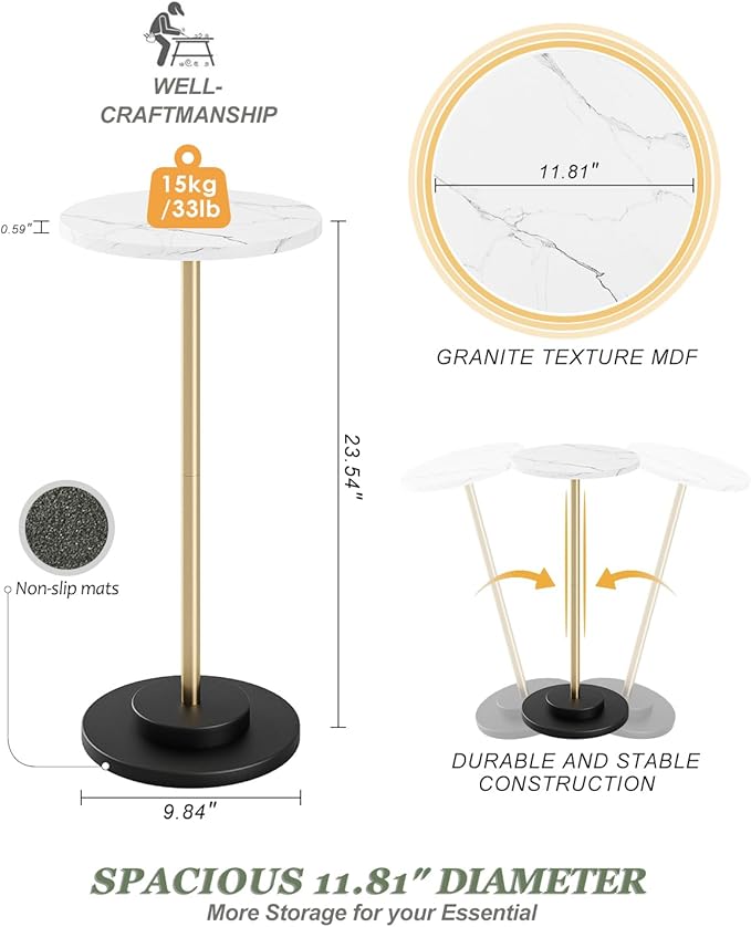 Round Side Table, Small Drink Table for Small Spaces, Modern Accent End Table Coffee Table with Metal Leg for Living Room, Bedroom, Corners, and Office (White Marble)
