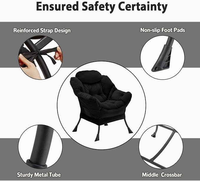 Lazy Chair Thick Padded, Comfy Velvet Accent Lounge Chair with Stable Frame, Leisure Sofa Armchair with Armrests and Side Pocket, Reading Chair for Bedroom, Living Room, Office, Black