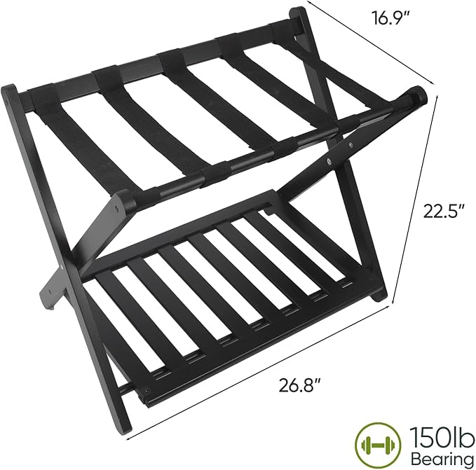 2 Pack Fully Assembled Black Bamboo Luggage Racks with Shoe Shelf, 5 Straps Folding Suitcase Stand, Heavy Duty Luggage Holders for Guest Room, Bedroom, Hotel