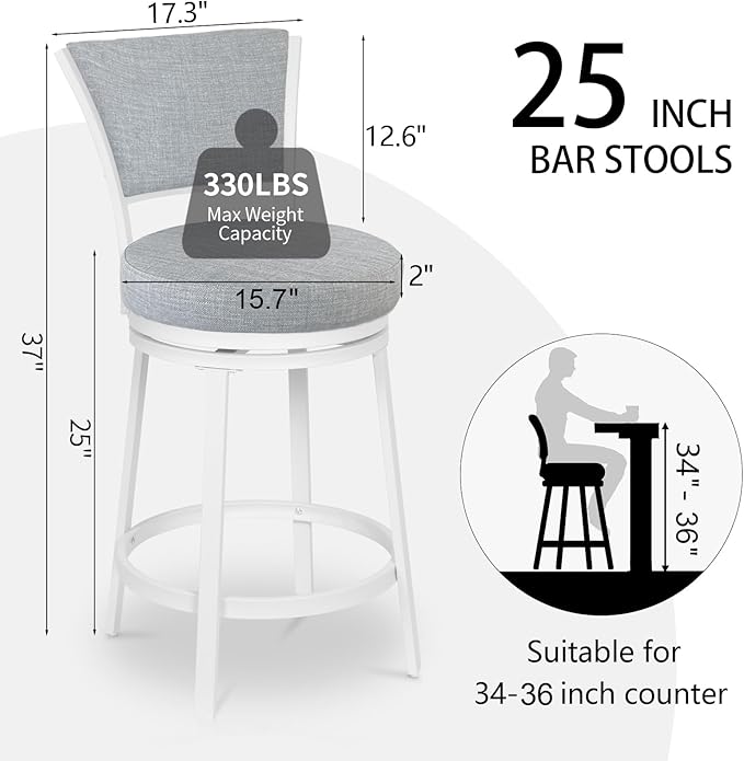 Bar Stools Set of 2, 25 Inch Metal Counter Height Bar Chairs, Modern Linen Fabric 360° Round Swivel Barstools with Back, Counter Stools for Kitchen Island, Pub, Grey & White