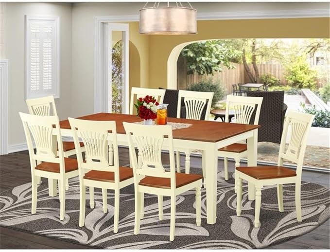 East West Furniture QUPL9-WHI-W 9 Piece Modern Dining Table Set Includes a Rectangle Wooden Table with Butterfly Leaf and 8 Kitchen Dining Chairs, 40x78 Inch, Buttermilk & Cherry