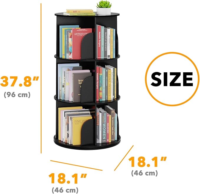 SpaceAid 3 Tier Rotating Bookshelf Tower, Spinning Bookcase Lazy Susan, Revolving 360 Book Shelf Storage Round Carousel, Vertical Rotate Turning Spiral Corner Organizer, Black