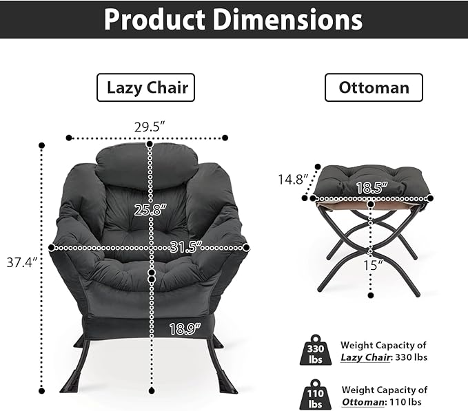 Lazy Chair with Folding Ottoman, Accent Chair Velvet Upholstered with Metal Structure and Non-Slip Pads, Sofa Armchair with Footrest and Side Storage Bag for Dorm, Office, Charcoal