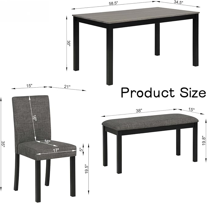 Dining Table Set for 5, 6-Piece Kitchen Table & Chairs Set with Rectangular Table, Bench & 4 Upholstered Chairs, 39'' Dinner Set with Wood Legs & Curved Backrest for Kitchen, Light Black