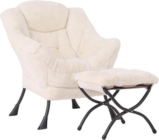 Lazy Chair with Folding Ottoman, Modern Accent Lounge Armchair with Armrests and a Side Pocket & Foldable Footstool, Leisure Reading Chair for Living Room, Bedroom, Dorm & Office, Plush Beige